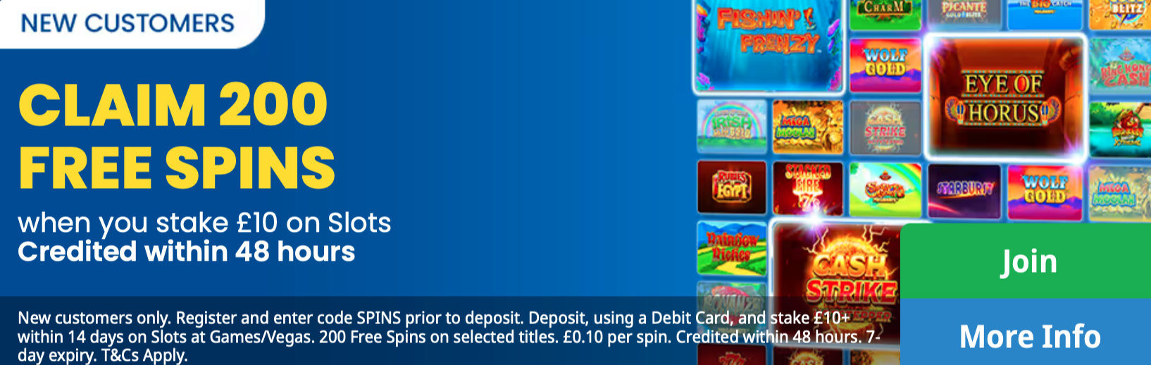 Betfred casino welcome offer: Claim 200 free spins when you stake £10 on slots